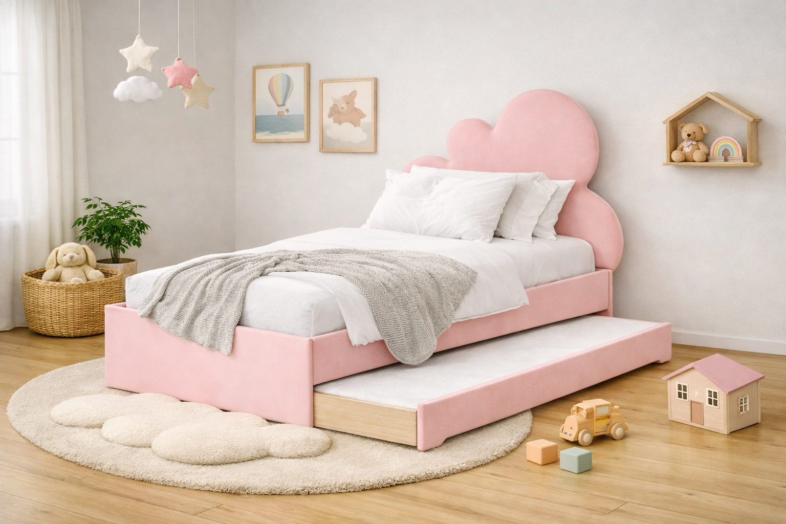 Łóżko Dziecięce Double Bed Chmurka - Podwójne Łóżko Tapicerowane Z Wysuwaną Szufladą Spania