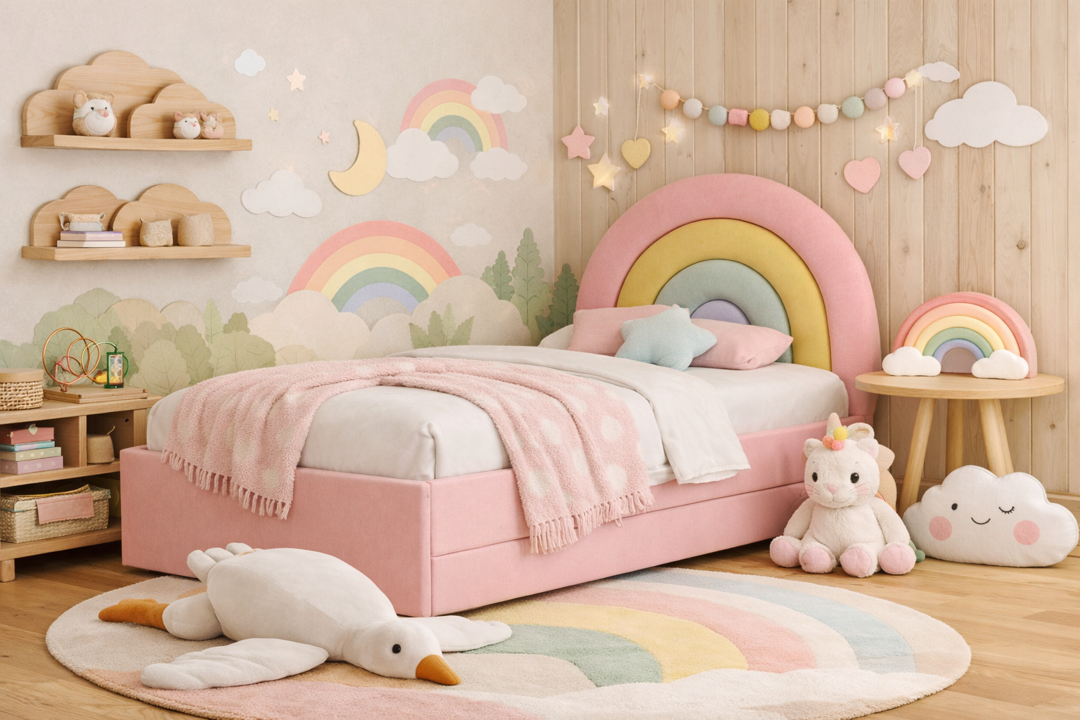 Łóżko Dziecięce Tęcza Double Bed - Podwójne Łóżko Tapicerowane Z Wysuwaną Szufladą Spania