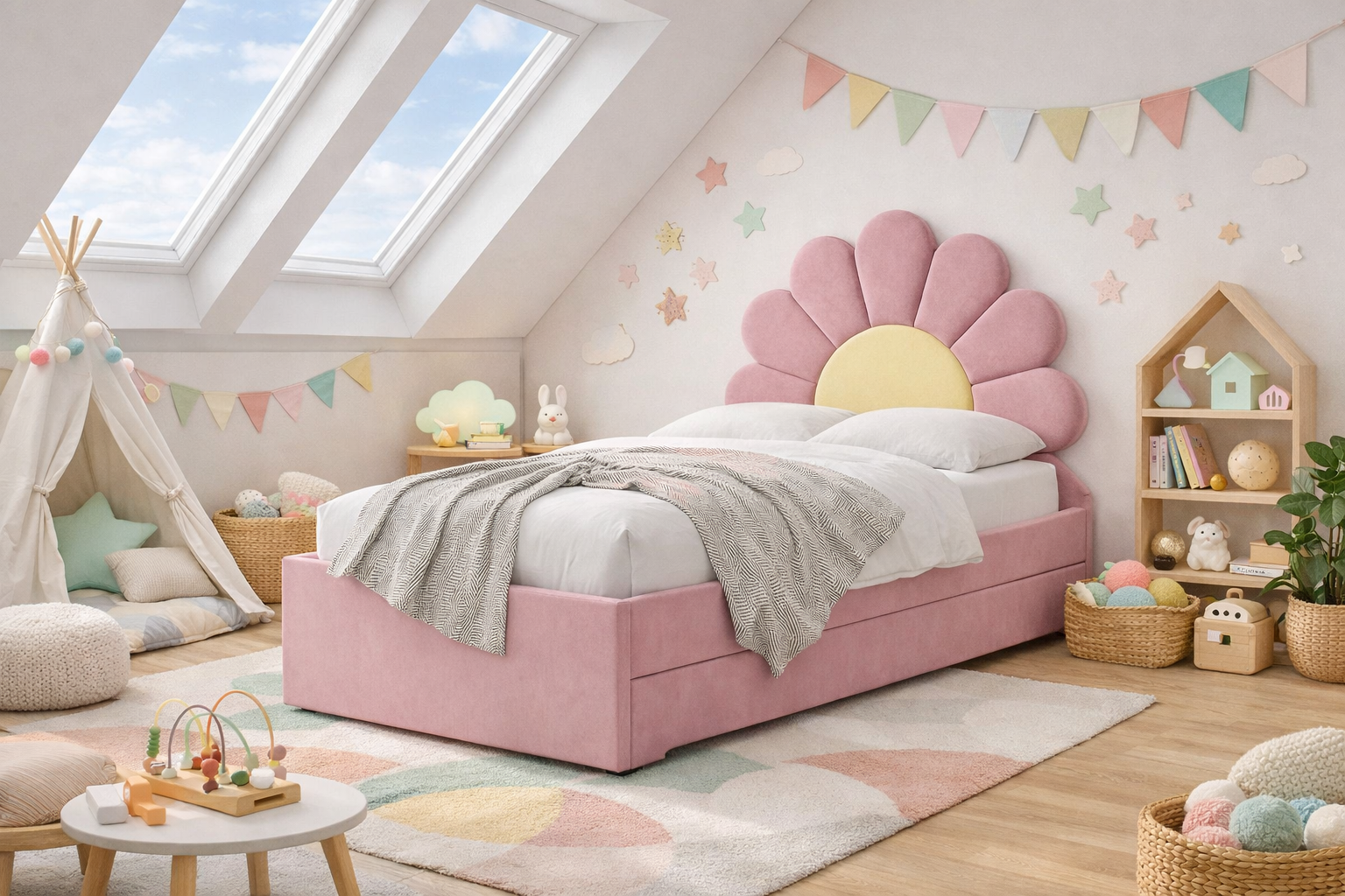 Łóżko Dziecięce Double Bed Daisy Stokrotka - Podwójne Łóżko Tapicerowane Z Szufladą Spania
