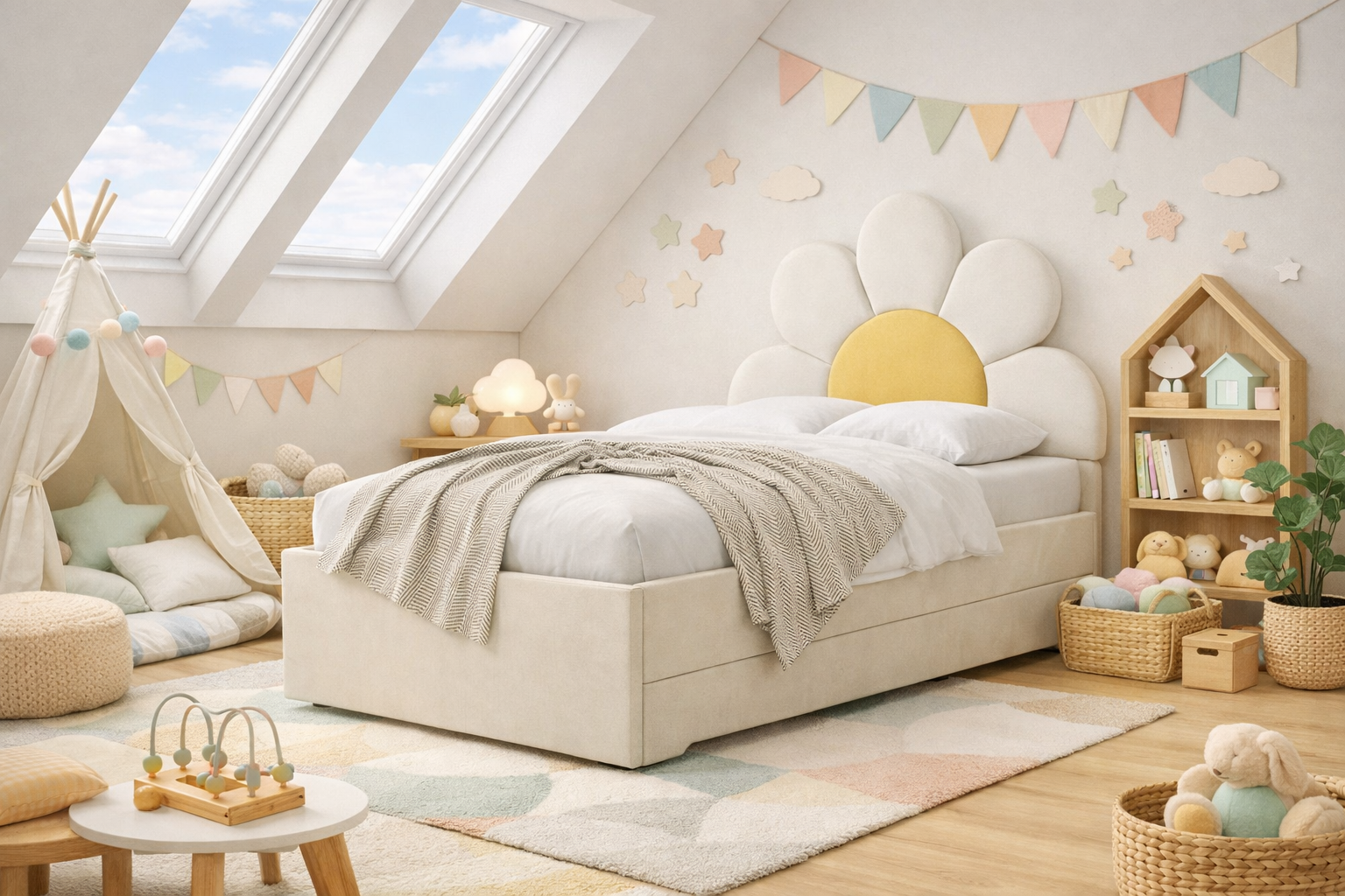 Łóżko Dziecięce Double Bed Daisy Stokrotka - Podwójne Łóżko Tapicerowane Z Szufladą Spania