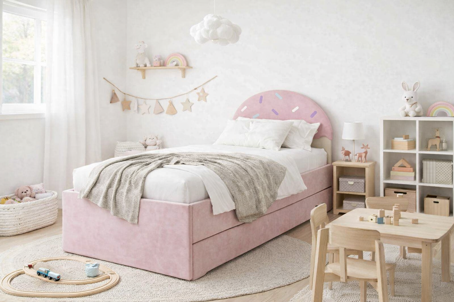 Łóżko Dziecięce Confetti Double Bed - Podwójne Łóżko Tapicerowane Z Wysuwaną Szufladą