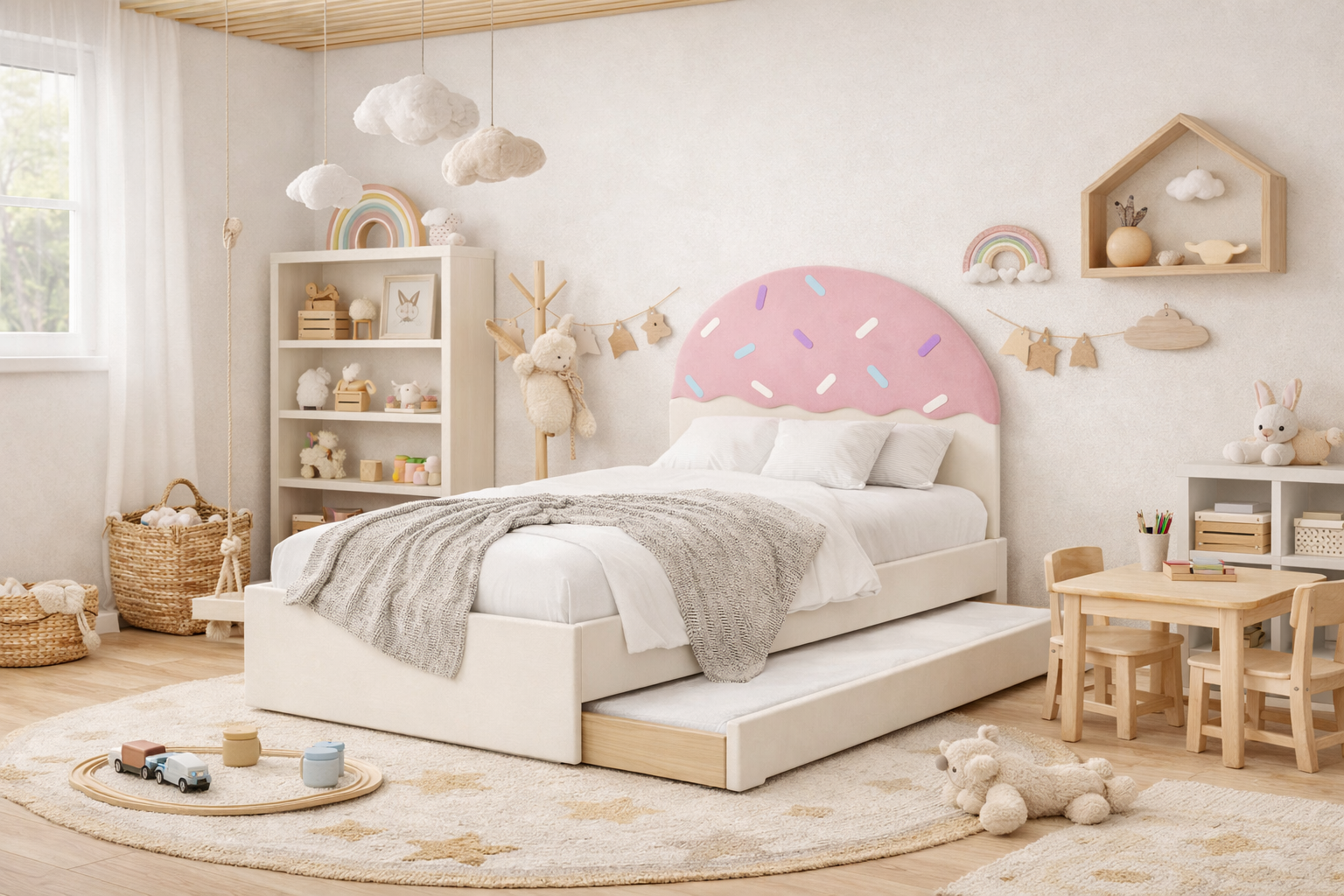 Łóżko Dziecięce Confetti Double Bed - Podwójne Łóżko Tapicerowane Z Wysuwaną Szufladą