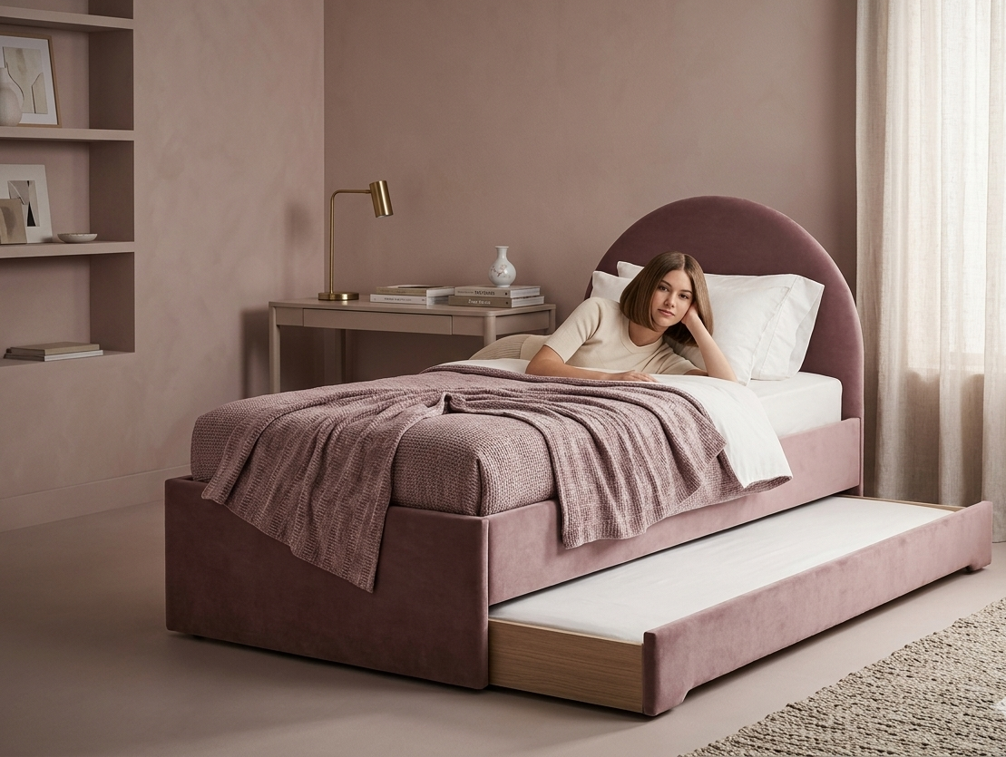 Łóżko Dziecięce Double Bed Pille - Podwójne Łóżko Tapicerowane Z Wysuwaną Szufladą Spania