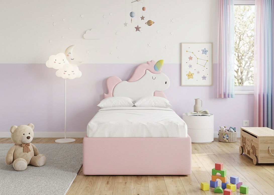 Łóżko Dziecięce Unicorn Box Texti - Tapicerowane Łóżko Z Pojemnikiem I Motywem Jednorożca