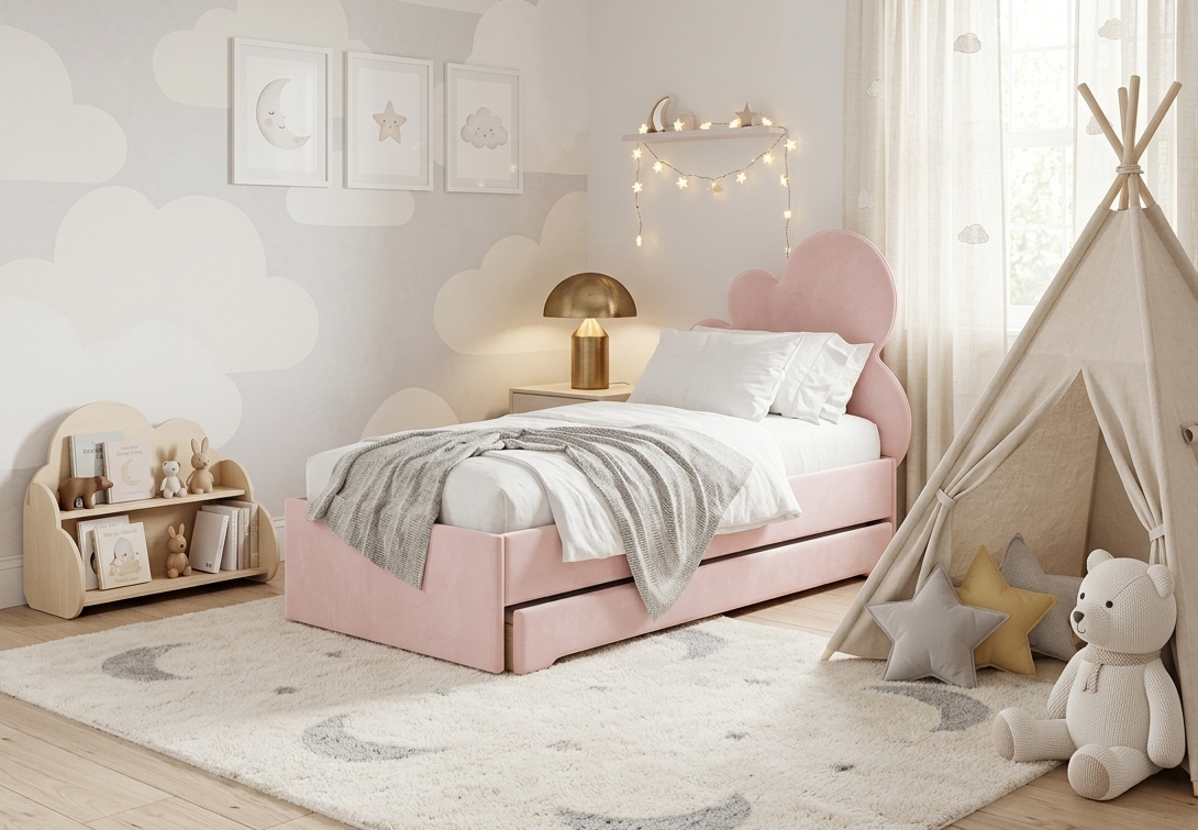 Łóżko Dziecięce Double Bed Chmurka - Podwójne Łóżko Tapicerowane Z Wysuwaną Szufladą Spania
