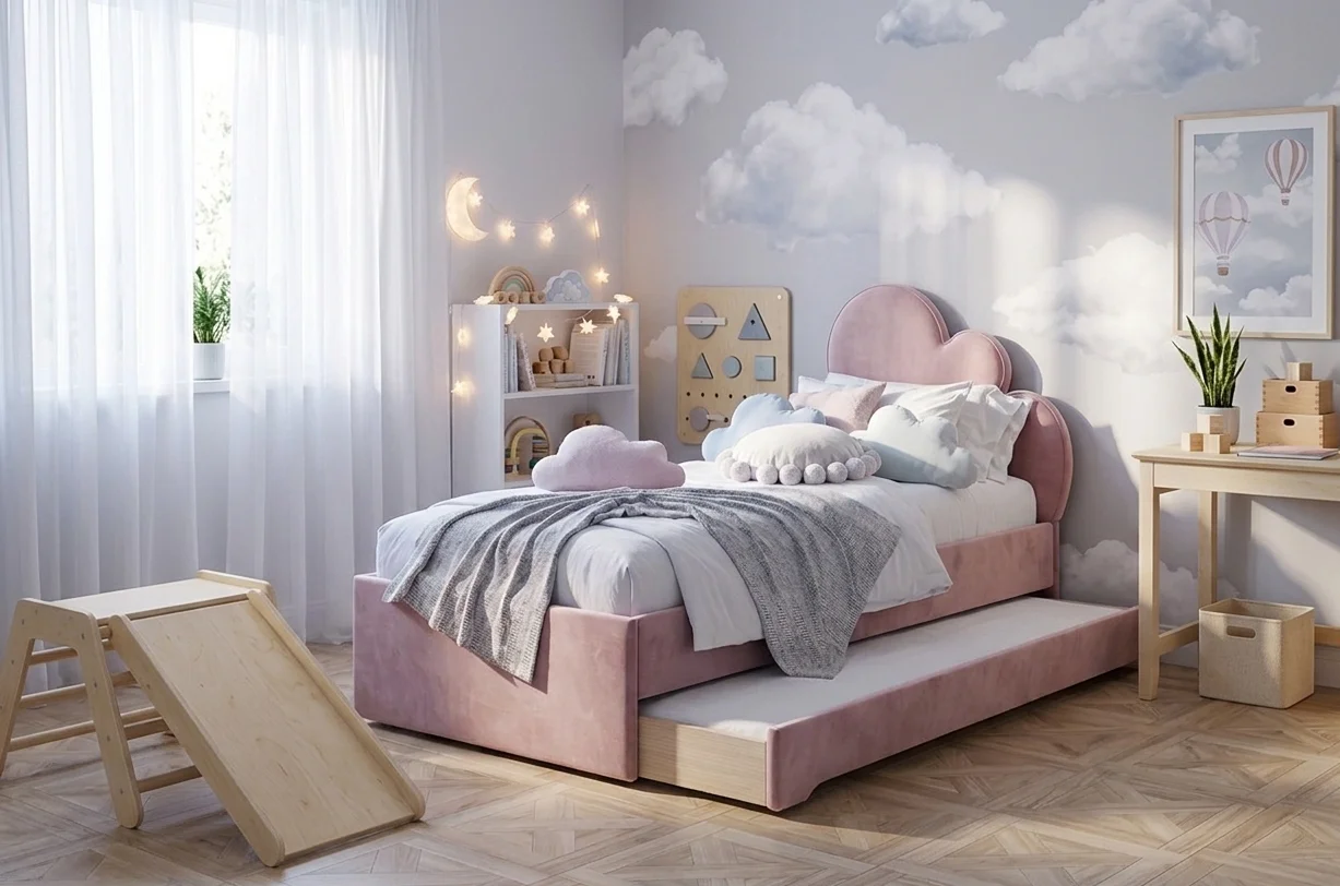 Łóżko Dziecięce Double Bed Chmurka - Podwójne Łóżko Tapicerowane Z Wysuwaną Szufladą Spania