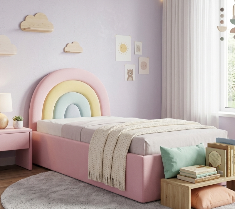 Tapicerowane Łóżko Rainbow Tęcza Box Texti - Bajkowy Design i Pojemna Skrzynia