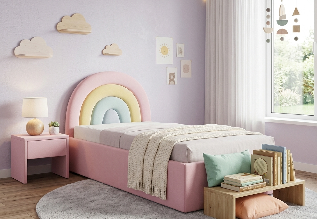 Tapicerowane Łóżko Rainbow Tęcza Box Texti - Bajkowy Design i Pojemna Skrzynia