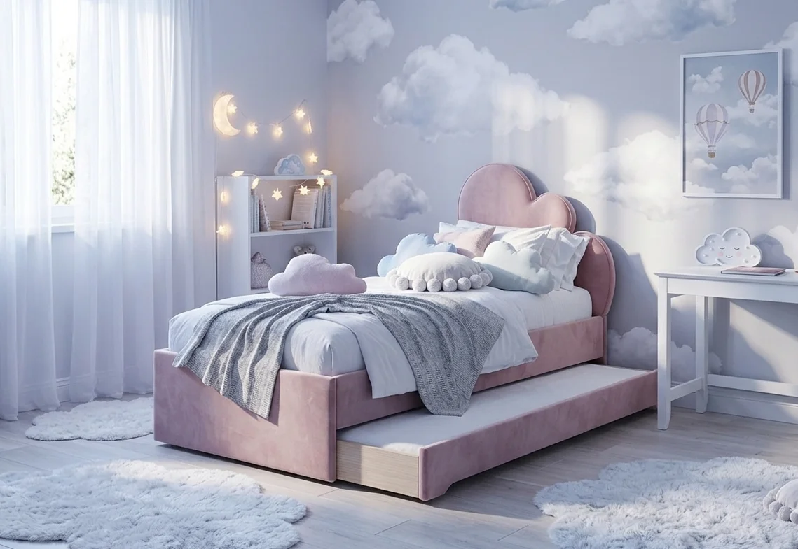 Łóżko Dziecięce Double Bed Chmurka - Podwójne Łóżko Tapicerowane Z Wysuwaną Szufladą Spania