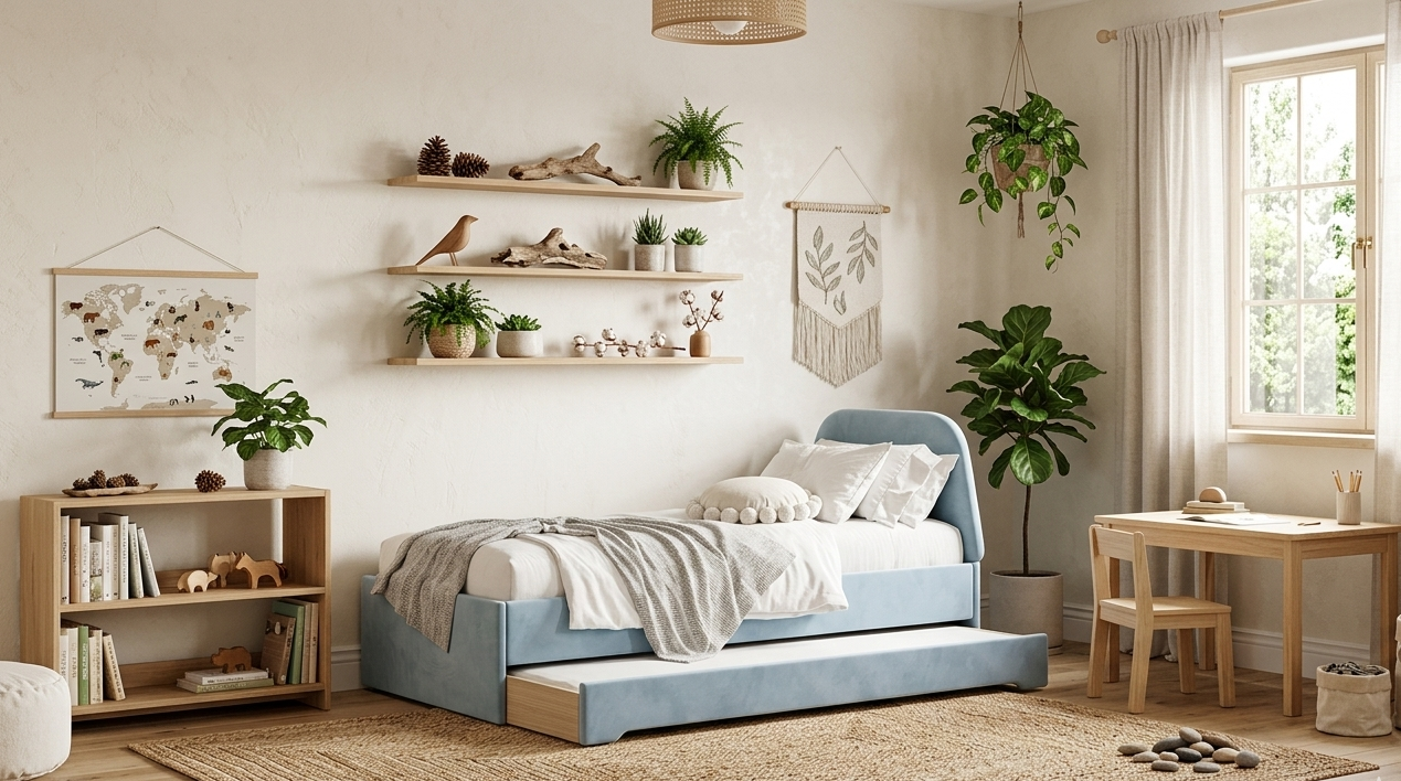 Łóżko Dziecięce Double Bed Trapez - Podwójne Łóżko Tapicerowane Z Wysuwaną Szufladą Spania
