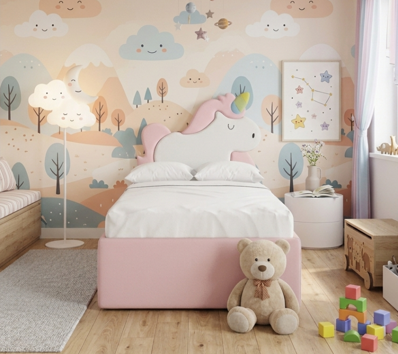 Łóżko Dziecięce Unicorn Box Texti - Tapicerowane Łóżko Z Pojemnikiem I Motywem Jednorożca