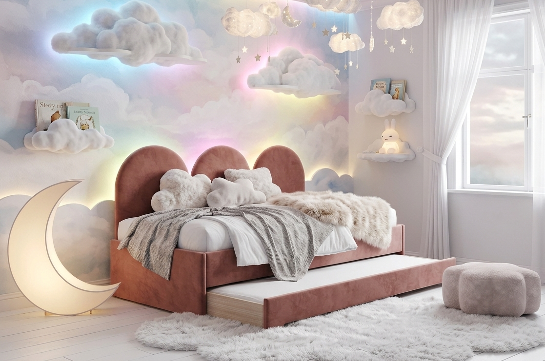 Łóżko Młodzieżowe Double Bed Z Panelami Ściennymi - Podwójne Łóżko Tapicerowane Z Wysuwaną Szufladą