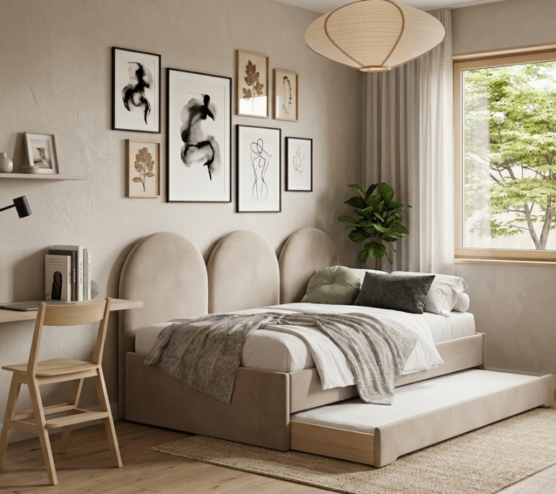 Łóżko Młodzieżowe Double Bed Z Panelami Ściennymi - Podwójne Łóżko Tapicerowane Z Wysuwaną Szufladą