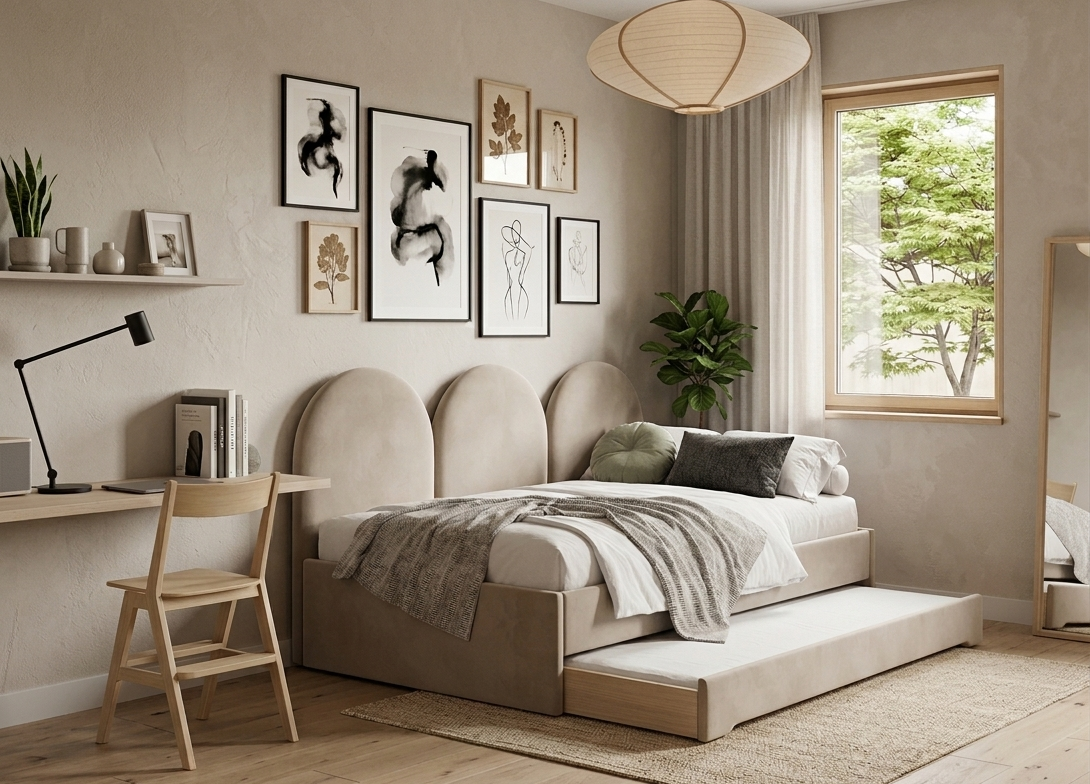 Łóżko Młodzieżowe Double Bed Z Panelami Ściennymi - Podwójne Łóżko Tapicerowane Z Wysuwaną Szufladą