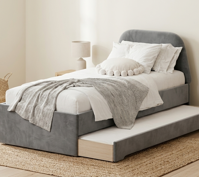 Łóżko Dziecięce Double Bed Trapez - Podwójne Łóżko Tapicerowane Z Wysuwaną Szufladą Spania