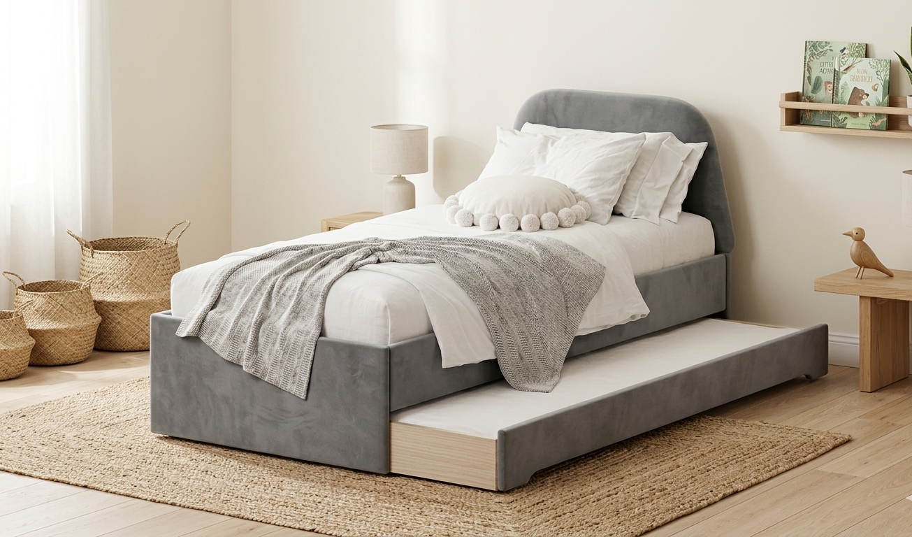 Łóżko Dziecięce Double Bed Trapez - Podwójne Łóżko Tapicerowane Z Wysuwaną Szufladą Spania