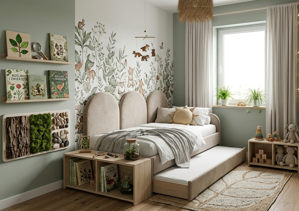 Łóżko Młodzieżowe Double Bed Z Panelami Ściennymi - Podwójne Łóżko Tapicerowane Z Wysuwaną Szufladą