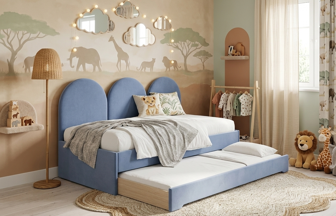 Łóżko Młodzieżowe Double Bed Z Panelami Ściennymi - Podwójne Łóżko Tapicerowane Z Wysuwaną Szufladą