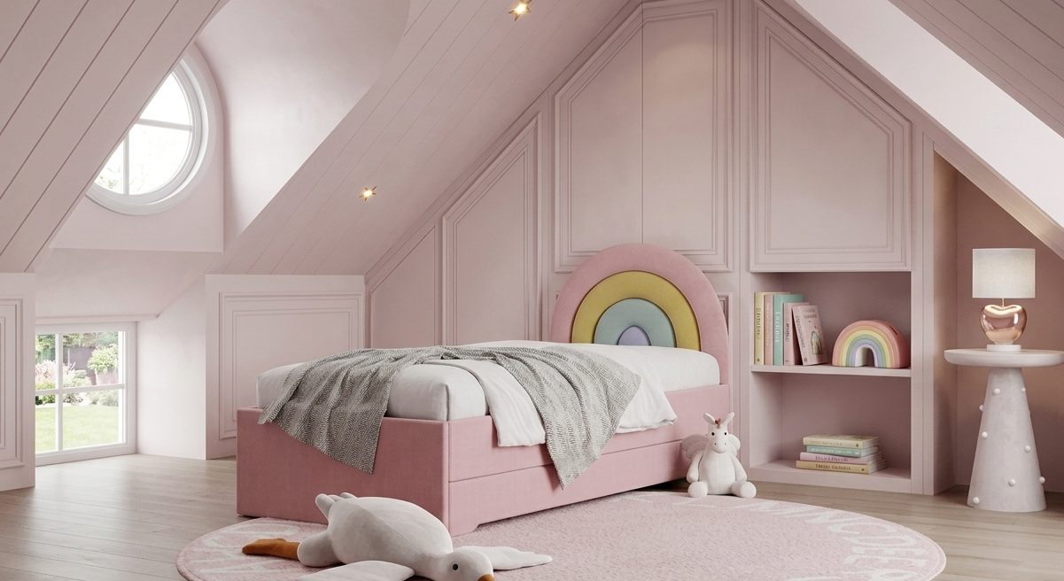 Łóżko Dziecięce Tęcza Double Bed - Podwójne Łóżko Tapicerowane Z Wysuwaną Szufladą Spania