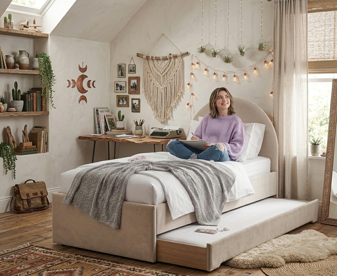 Łóżko Dziecięce Double Bed Pille - Podwójne Łóżko Tapicerowane Z Wysuwaną Szufladą Spania