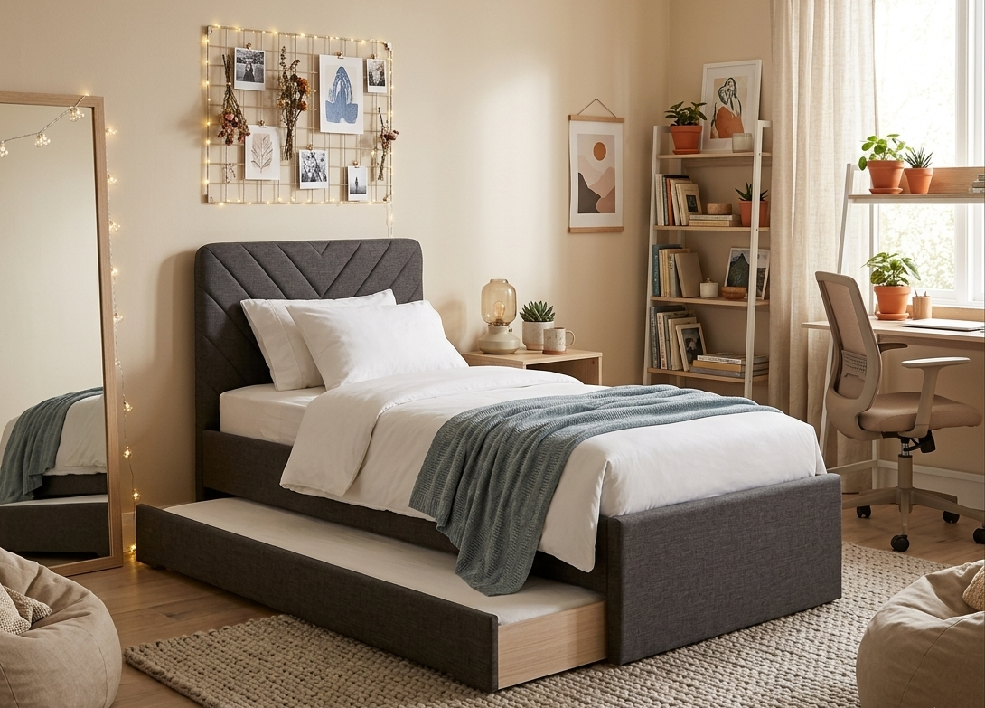 Łóżko Dziecięce Double Bed Stitch - Podwójne Łóżko Tapicerowane Z Wysuwaną Szufladą Spania