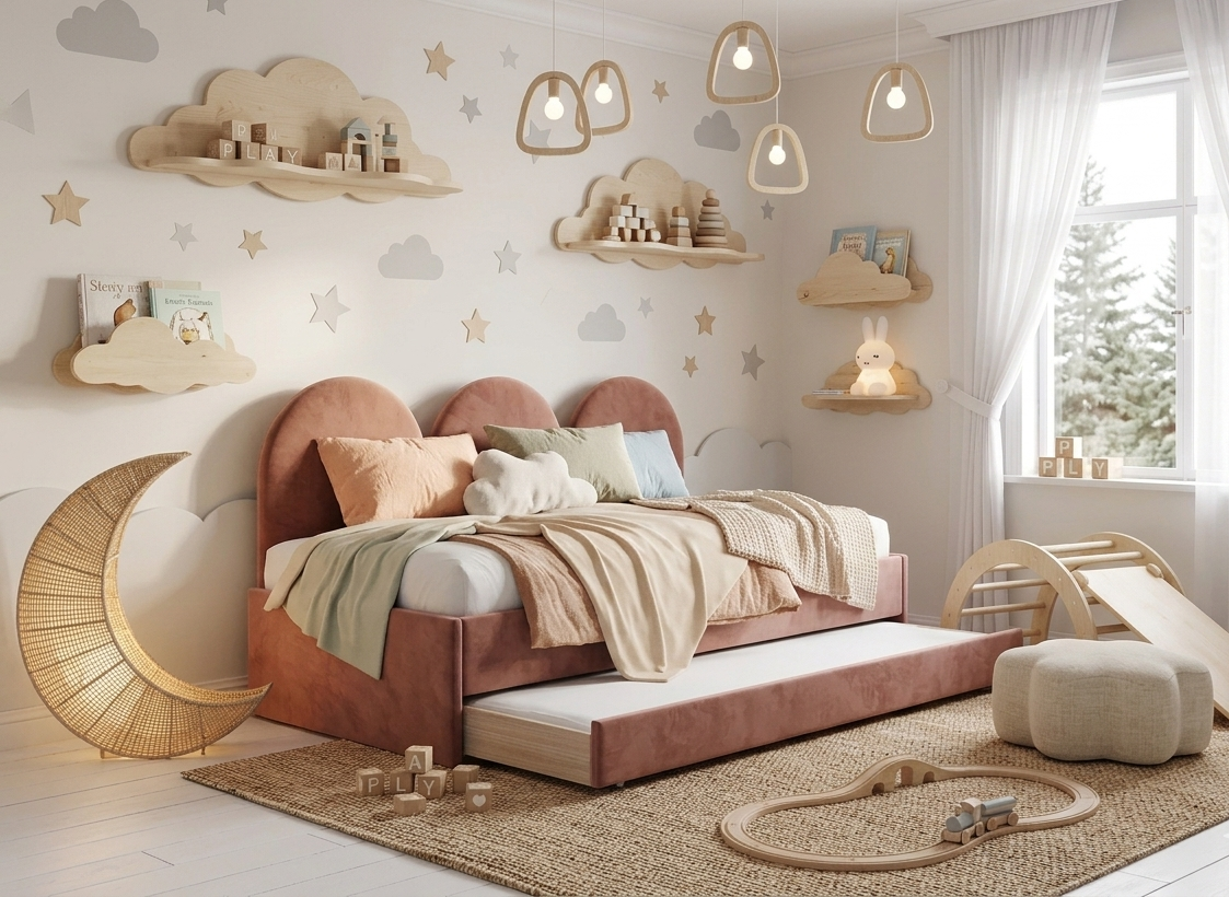 Łóżko Młodzieżowe Double Bed Z Panelami Ściennymi - Podwójne Łóżko Tapicerowane Z Wysuwaną Szufladą