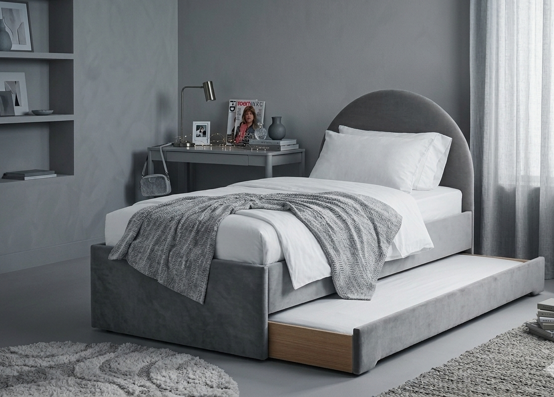 Łóżko Dziecięce Double Bed Pille - Podwójne Łóżko Tapicerowane Z Wysuwaną Szufladą Spania