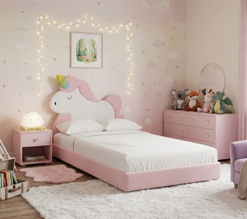 Łóżko Dziecięce Unicorn Legs Texti - Rosnące Łóżko Z Tapicerowaną Ramą I Motywem Jednorożca