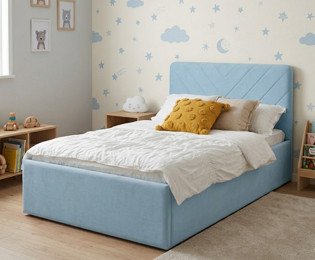 Tapicerowane Łóżko Dziecięce Stitch Jodełka Box Texti - Elegancja i Pojemna Skrzynia