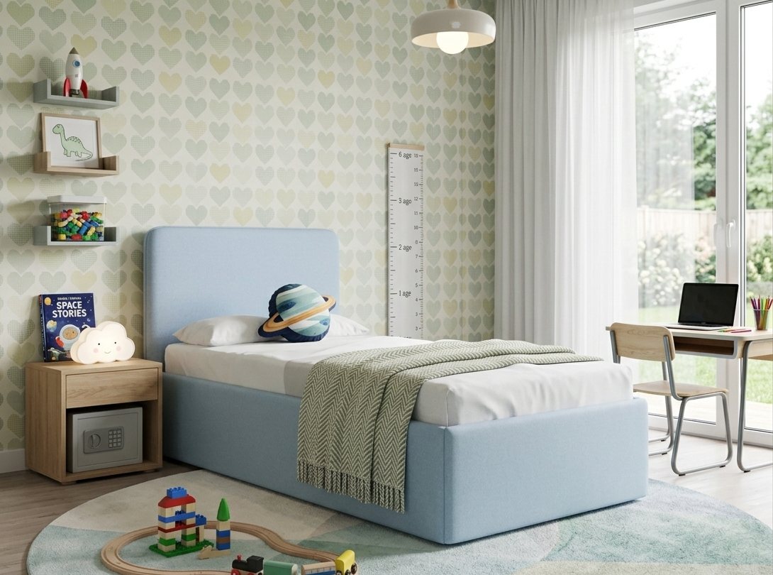 Tapicerowane Łóżko Dziecięce Redu Kids Box Texti - Elegancja z Lamówką i Skrzynią