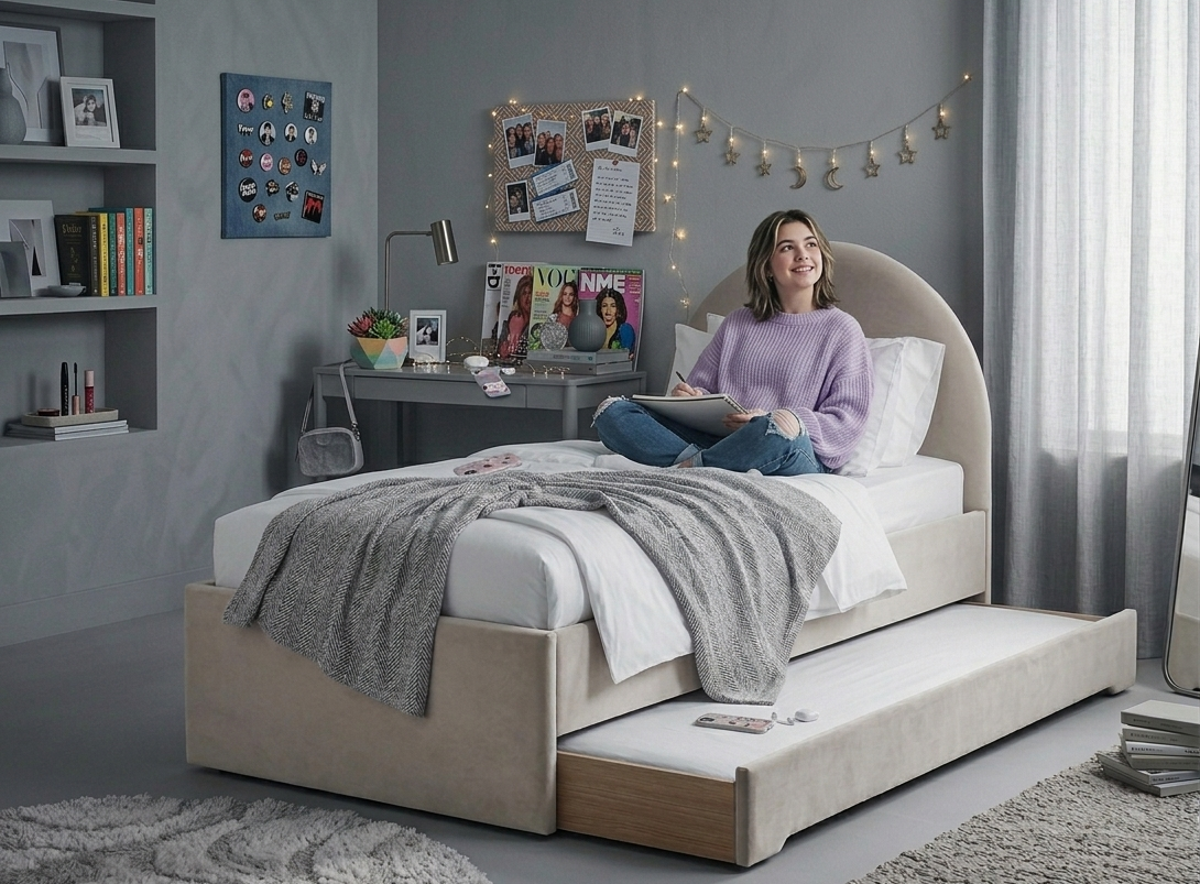 Łóżko Dziecięce Double Bed Pille - Podwójne Łóżko Tapicerowane Z Wysuwaną Szufladą Spania