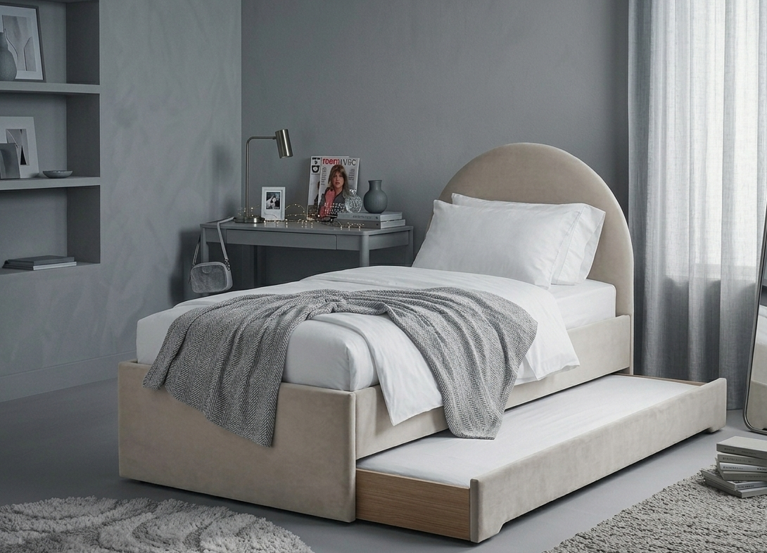 Łóżko Dziecięce Double Bed Pille - Podwójne Łóżko Tapicerowane Z Wysuwaną Szufladą Spania