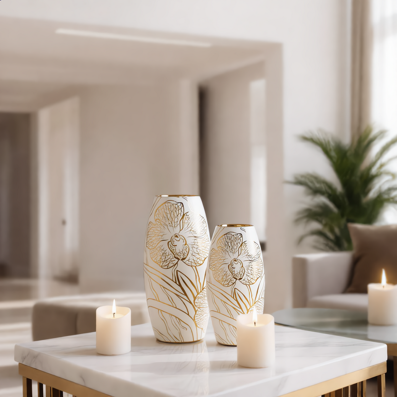 Wazon ceramiczny Glen 02 biały O 12 X 25 cm – ze złotym zdobieniem
