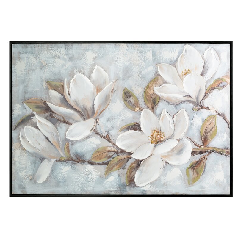 Obraz ręcznie malowany z magnoliami kremowy 100 X 70 CM – wprowadza naturalne piękno