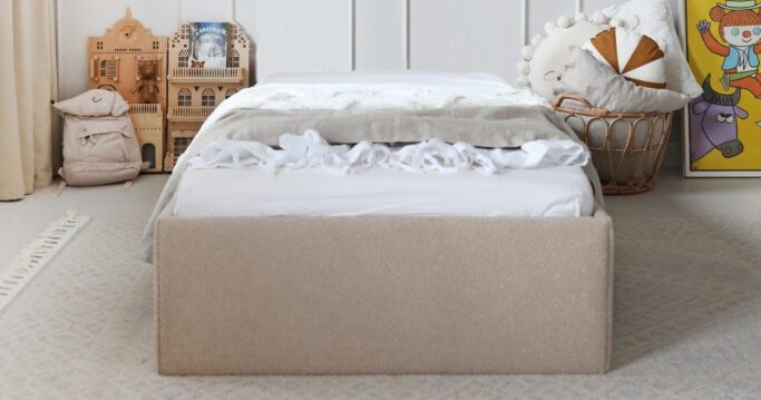 Łóżko Dziecięce Sofa Box Texti - Minimalistyczne Tapicerowane Łóżko Z Pojemnikiem Bez Zagłówka