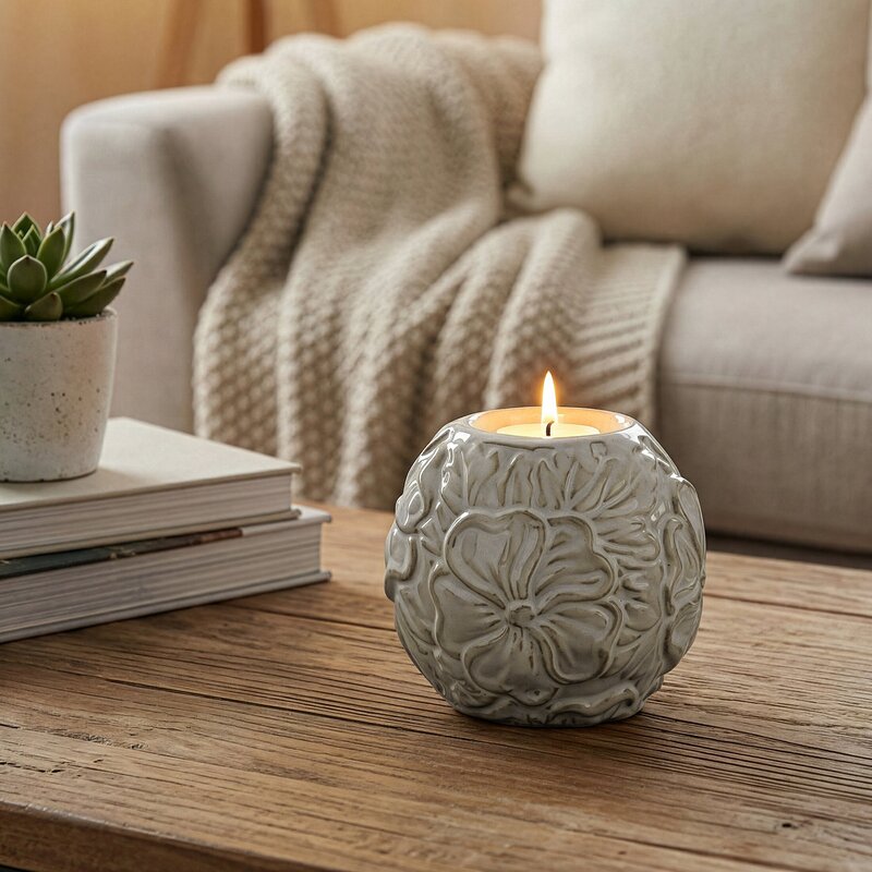 Świecznik ceramiczny Naira (01) kremowy O 10 X 10 cm – z kwiatowym wzorem
