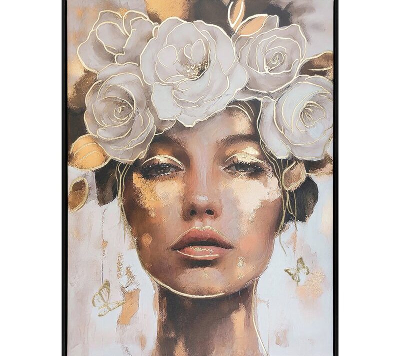 Obraz ręcznie malowany Portret Kobiety z Kwiatami beżowy 60 X 80 cm – dodaje wnętrzu głębi