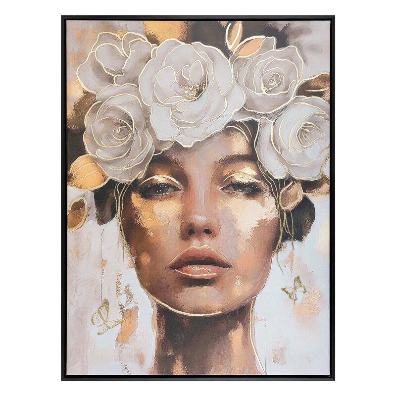 Obraz ręcznie malowany Portret Kobiety z Kwiatami beżowy 60 X 80 cm – dodaje wnętrzu głębi