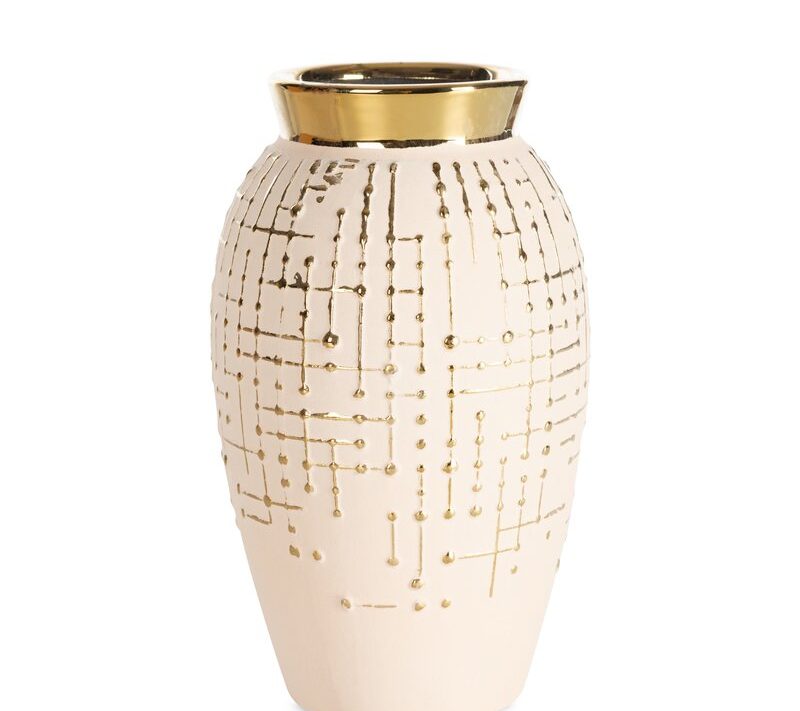 Wazon ceramiczny Kena 01 kremowy O 15 X 25 CM – ze złotymi zdobieniami