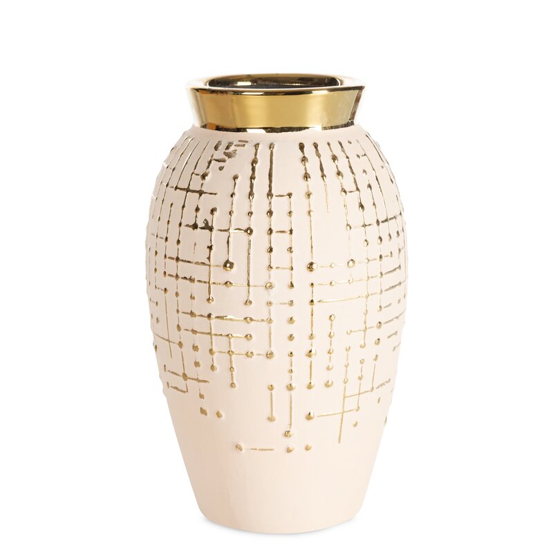 Wazon ceramiczny Kena 01 kremowy O 15 X 25 CM – ze złotymi zdobieniami