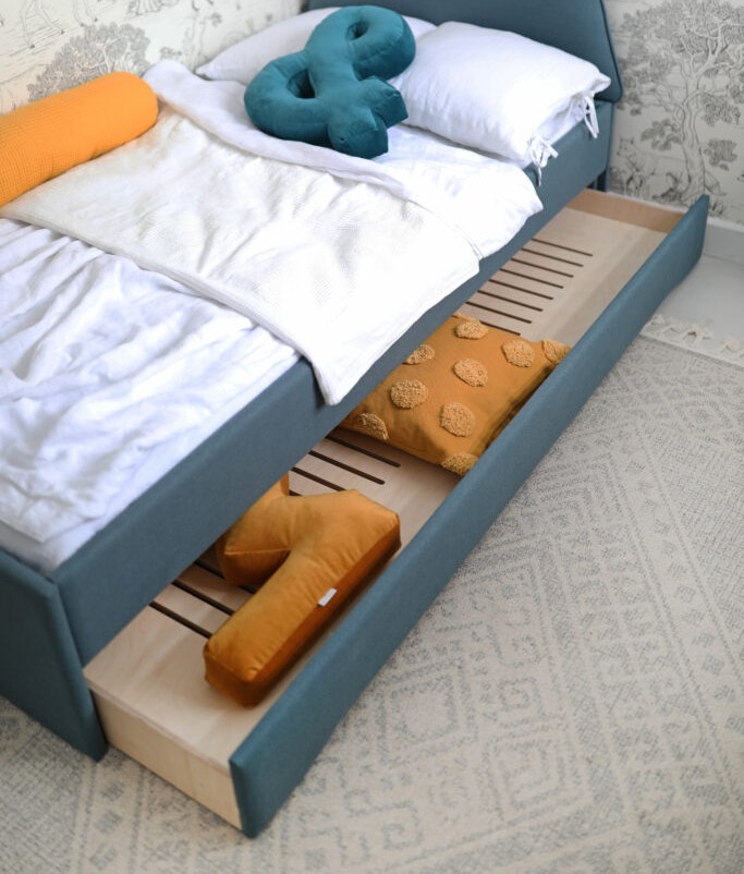 Łóżko Dziecięce Double Bed Pille - Podwójne Łóżko Tapicerowane Z Wysuwaną Szufladą Spania