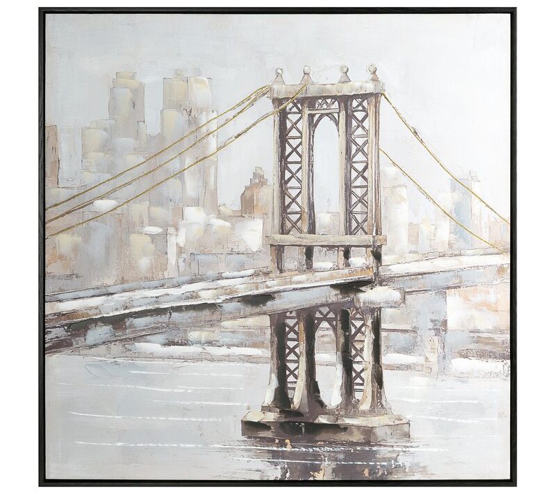 Obraz ręcznie malowany Miejski Most jasnobeżowy 80 X 80 CM – do nowoczesnych wnętrz