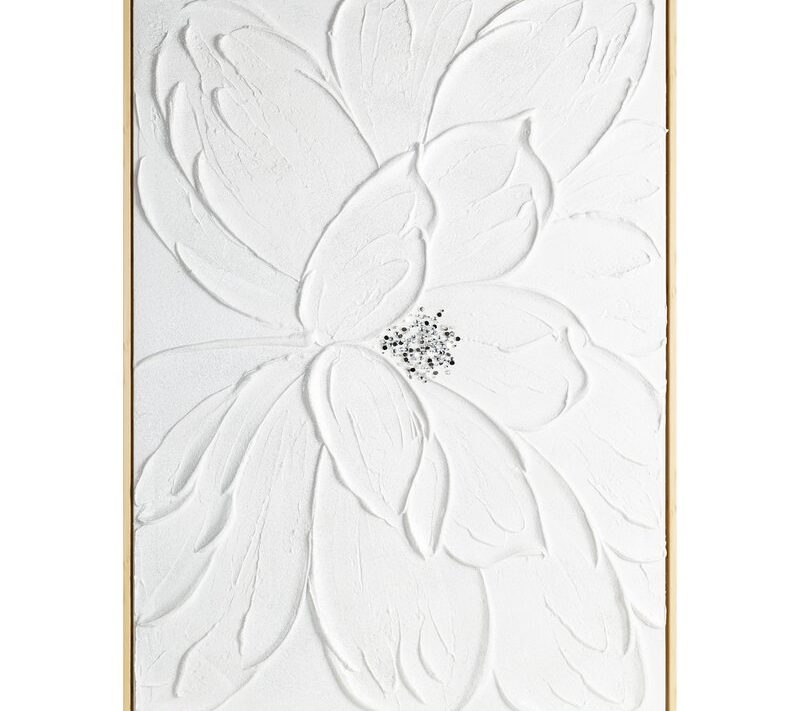 Obraz ręcznie malowany z trójwymiarowym kwiatem biały 90 X 60 cm – nowoczesny akcent
