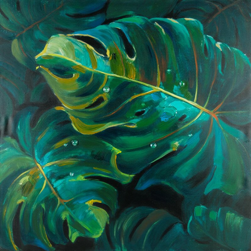 Obraz ręcznie malowany Monstera zielony 80 X 80 cm – egzotyczna świeżość