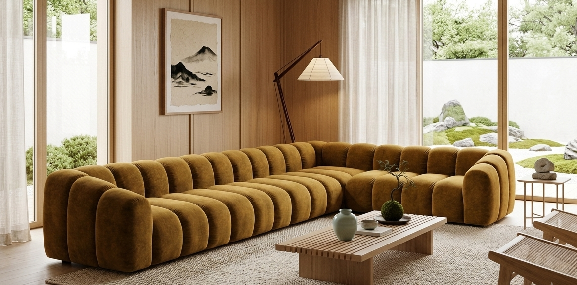 Narożnik Modułowy Tapicerowany Arand Line SL4+S5+RK+SP4 - Nowoczesna Pikowana Sofa Narożna do Salonu 375 cm