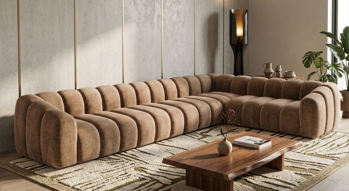 Narożnik Modułowy Tapicerowany Arand Line SL4+S5+RK+SP4 - Nowoczesna Pikowana Sofa Narożna do Salonu 375 cm