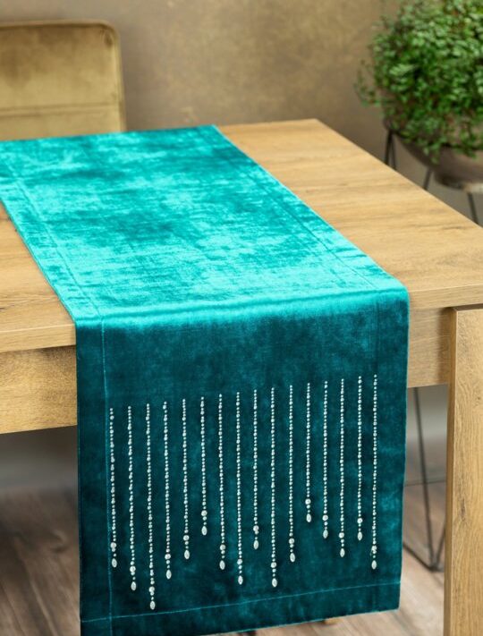 Bieżnik velvetowy ROYAL 3 ciemnoturkusowy 35 X 140 CM – na stół i komodę