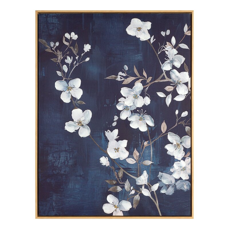 Obraz z białymi kwiatami 759 granatowy 60 X 80 X 4 CM – ręcznie malowany