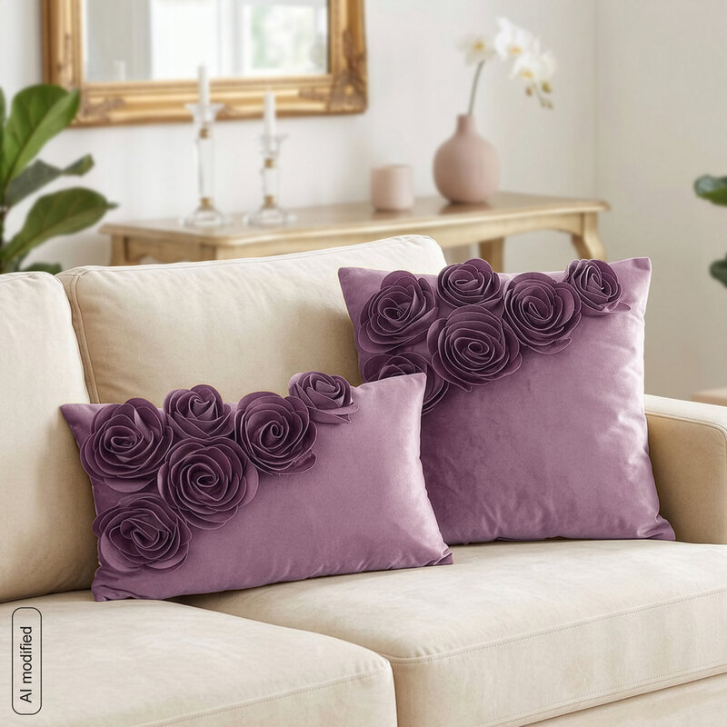 Poszewka Flores 1 ciemnoróżowa 30 X 50 CM – welwetowa z aplikacją róży