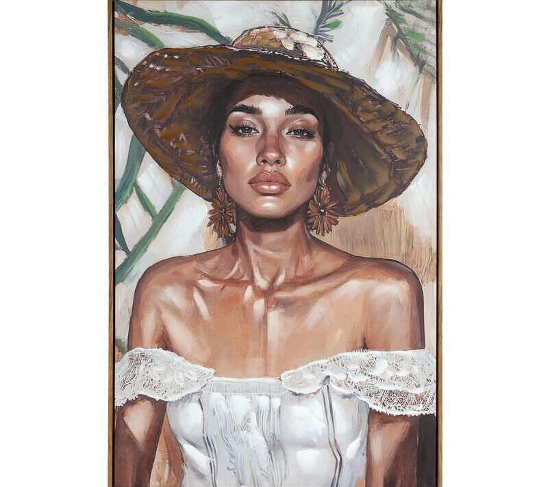 Obraz ręcznie malowany 743 Portret Kobiety w Kapeluszu jasnobrązowy 60 X 90 X 4 cm – artystyczny akcent do wnętrz